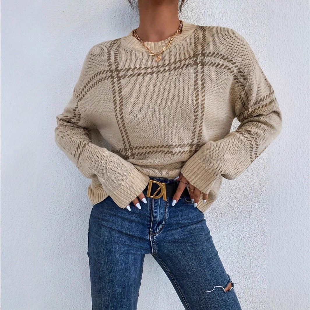 Autumn Winter All Matching Warm round Neck Sweater Women Plaid Drop Shoulder Pullover Sweater Bella Mia