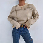 Autumn Winter All Matching Warm round Neck Sweater Women Plaid Drop Shoulder Pullover Sweater Bella Mia