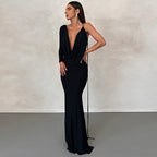 Women Clothing Autumn Winter Sexy Solid Color One Shoulder Slim Dress Bella Mia