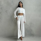 Autumn White Knitted Fabric round Neck Long Sleeved Trousers Pajamas Two Piece Loose Comfortable Ladies Homewear Bella Mia