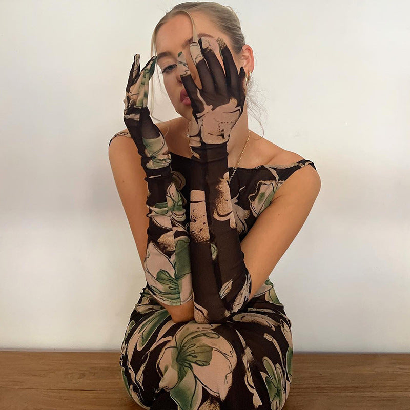 Women Clothing Autumn Elegant Sexy Socialite Mesh Hollow Out Cutout Printed Opera Glove Dress for Women Bella Mia
