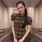 Korean Sweet Girl Preppy Plaid Puff Sleeve Shirt Irregular Asymmetric Hem Waist Slimming Single Breasted Cardigan Top Skirt Sets Bella Mia