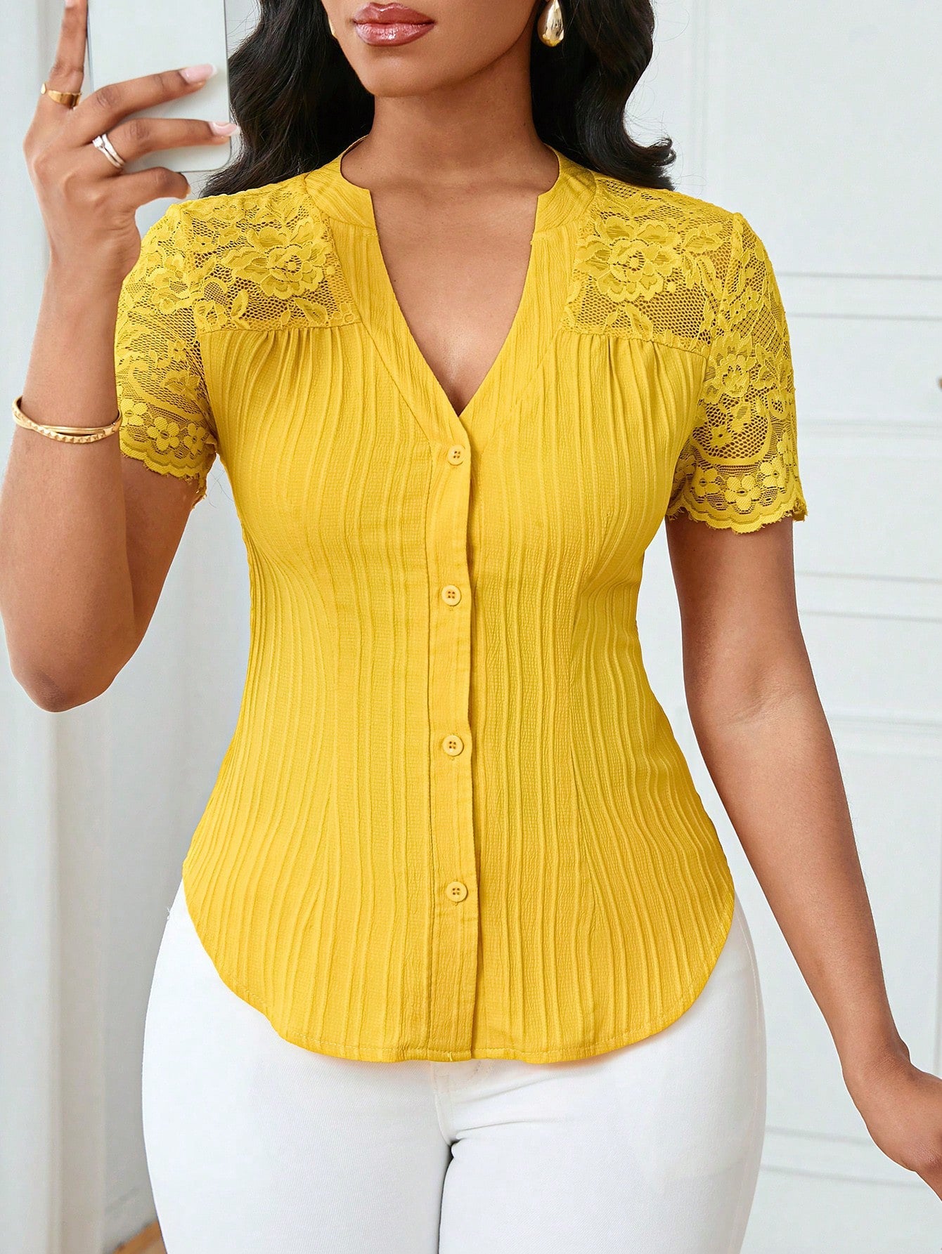 All Match Single Breasted Solid Color Slim Fit Embroidery Hollow Out Cutout Short Sleeve Top