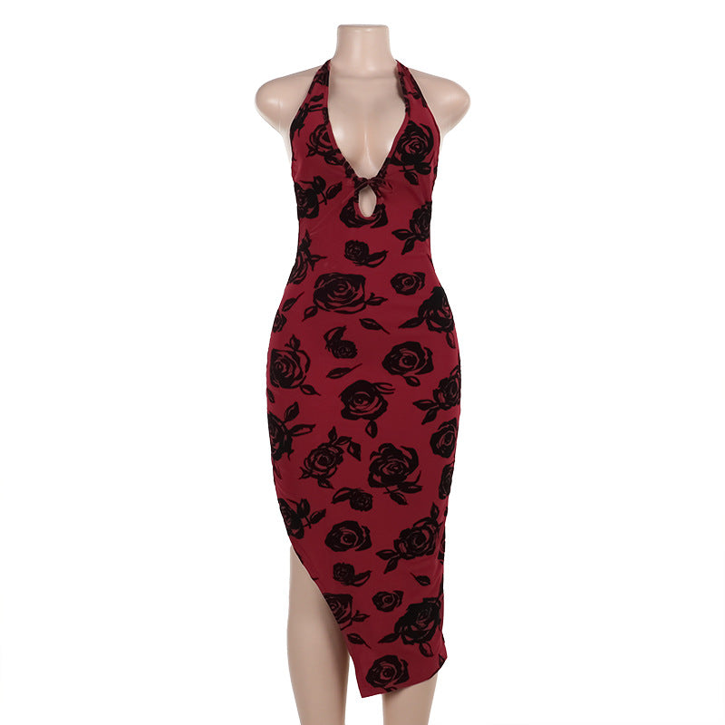 Summer Elegant Slim Floral Flocking Sexy Halter Dress Women Bella Mia