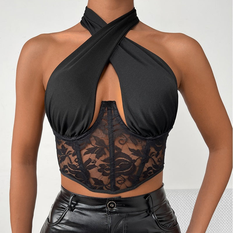 Women Summer Stitching Lace Halter Lace-up Wrapped Chest Steel Ring sexy Vest Boning Corset Boning Corset Corset Bella Mia