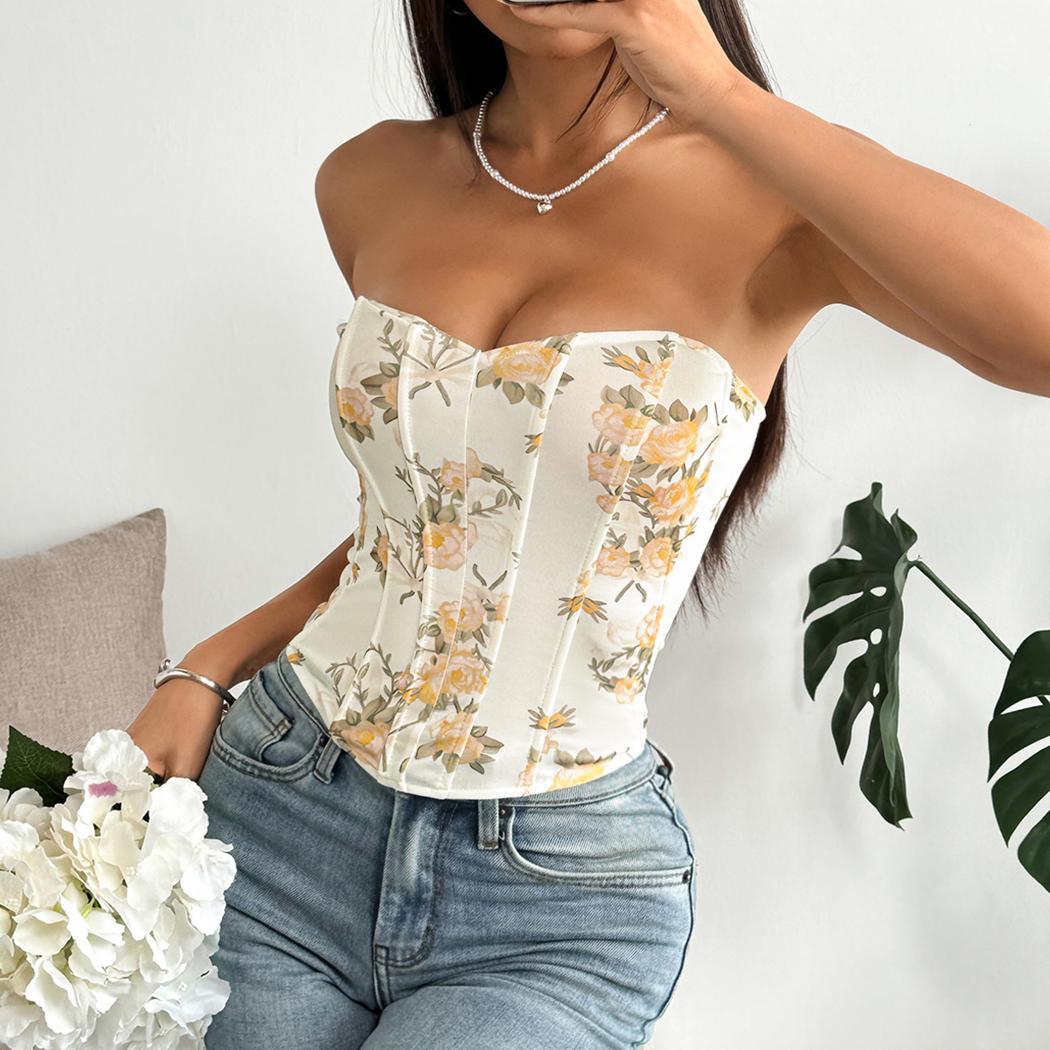 Sexy Low Cut Backless Floral Wrapped Chest Rhombus Boning Corset Waist Vest Bella Mia