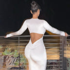 Women Clothing Autumn Sexy Cutout Slim Pleated Solid Color Long Sleeve Dress Bella Mia