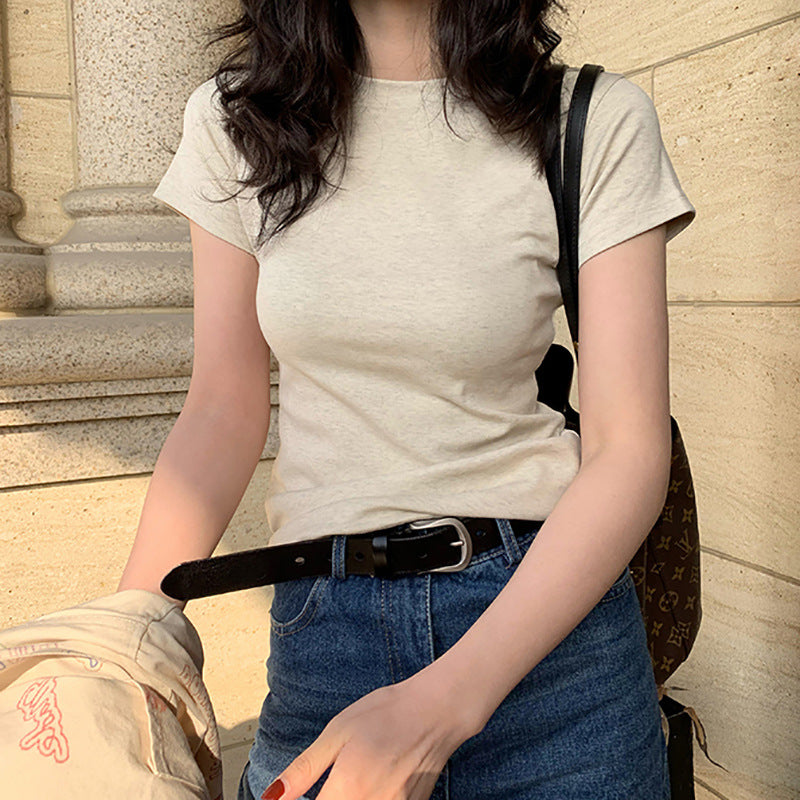 White T shirt Women Shoulder Short Sleeve Slimming round Neck Cotton Bandage Dress Bottoming Top Bella Mia