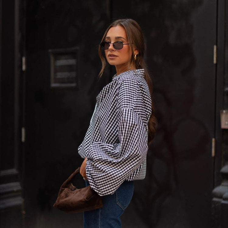 Women Autumn Winter Long Sleeved Plaid Shirt Office Top Shirt Women Bella Mia