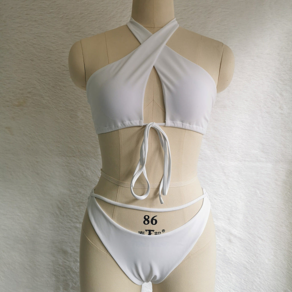 Split Tether Criss Cross Halterneck Bikini Sexy Swimsuit Bikini Solid Color Swimsuit Bella Mia