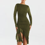 Autumn Sexy Trend Round Neck Slim Fit Long Sleeved Mesh Stitched Backless Sheath Dress Bella Mia