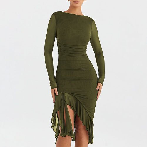 Autumn Sexy Trend Round Neck Slim Fit Long Sleeved Mesh Stitched Backless Sheath Dress Bella Mia