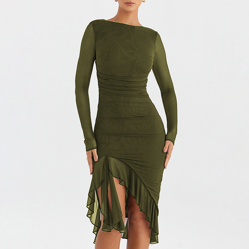 Autumn Sexy Trend Round Neck Slim Fit Long Sleeved Mesh Stitched Backless Sheath Dress Bella Mia