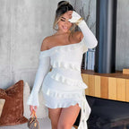 Autumn off Shoulder Ruffled Bell Sleeve Ribbon Dress Bella Mia