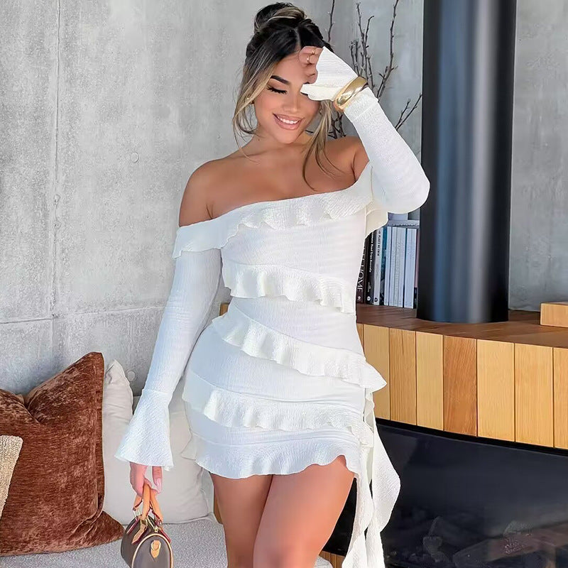 Autumn off Shoulder Ruffled Bell Sleeve Ribbon Dress Bella Mia