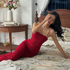 Women Clothing French High Grade Red Lace Tube Tops Strap Dress Slim Fit Sheath Dress Bella Mia