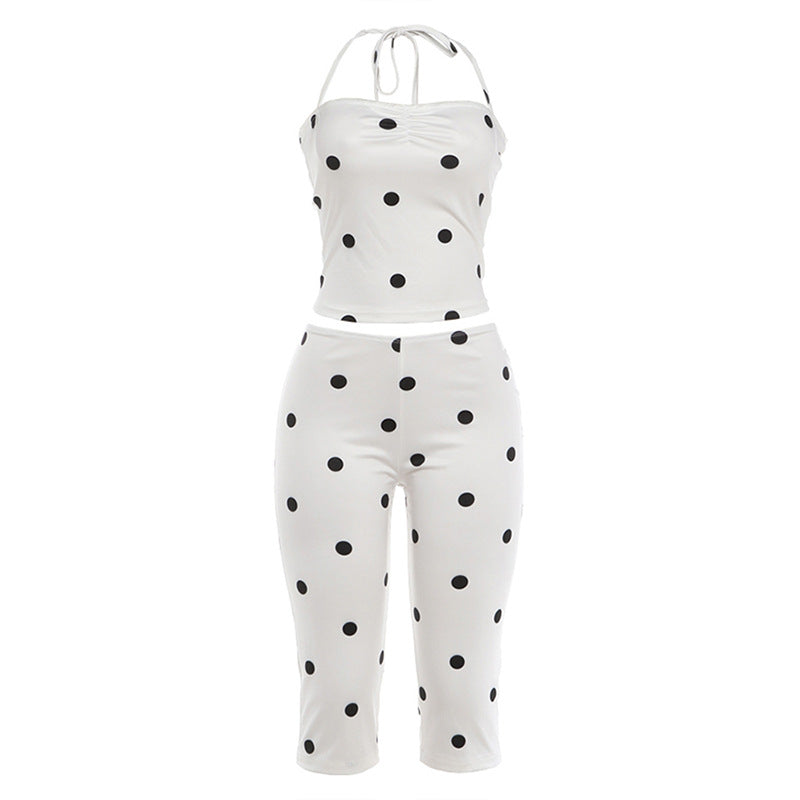 Spring Sexy Polka Dot Backless Strap Top High Waist Hip Raise Pants Two Piece Sets Bella Mia