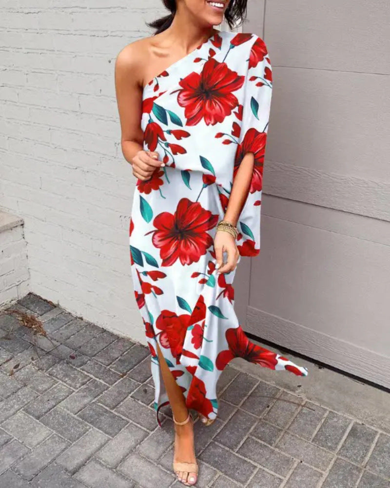 Women Clothing Dress Sexy Oblique Shoulder Elegant Single Side Sleeve Dress for Women Bella Mia