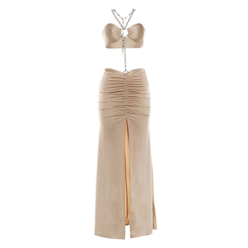 Summer Women Clothing Chain Stitching Sexy Bare Back Fold Split Sheath Dress