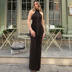 French Women Autumn Slim Fit Crumpled Button round Neck Sleeveless Dress for Women Bella Mia