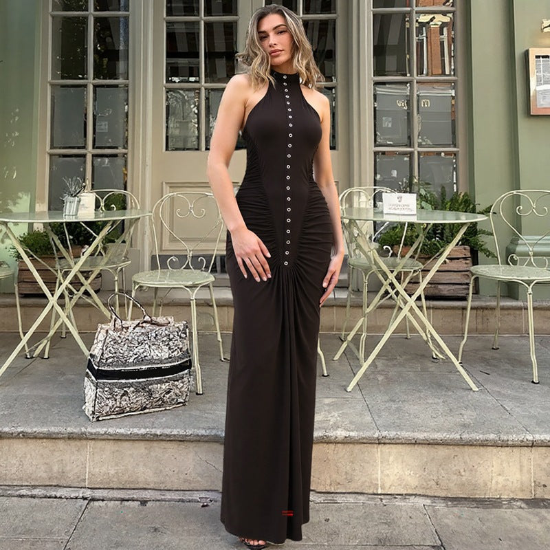 French Women Autumn Slim Fit Crumpled Button round Neck Sleeveless Dress for Women Bella Mia