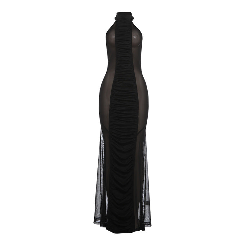 Spring Women Clothing Halter Backless Gauzy Stitching See through Sexy Slim Dress