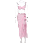 Summer Sexy Beach Vacation Swimsuit Woven Halter Top Top Split Skirt Set Bella Mia