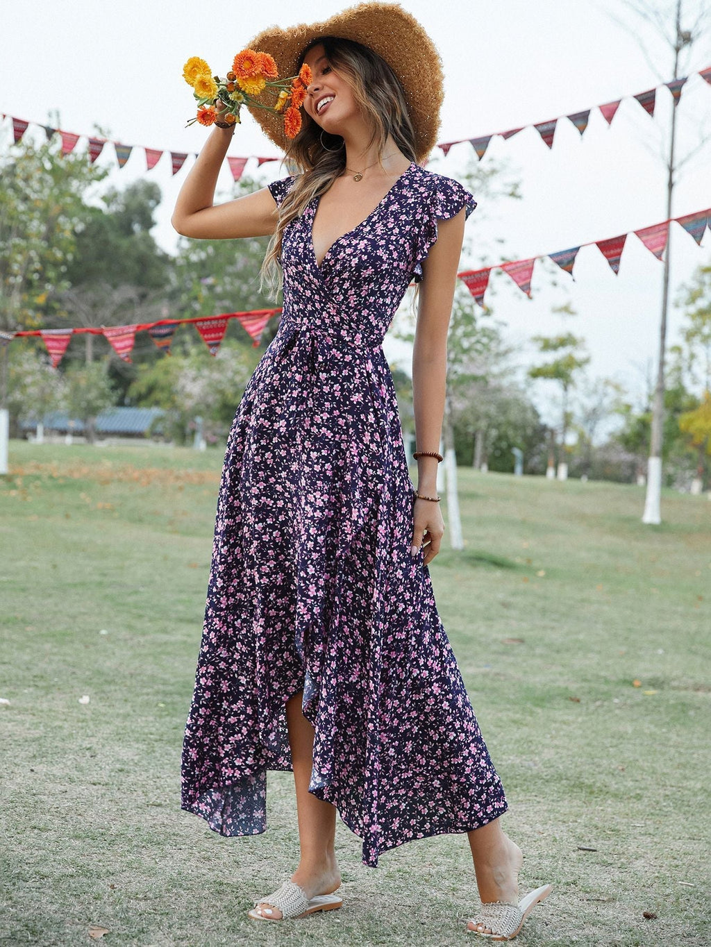 V neck Bohemian Vacation Slim Fit Tied Dress Bella Mia