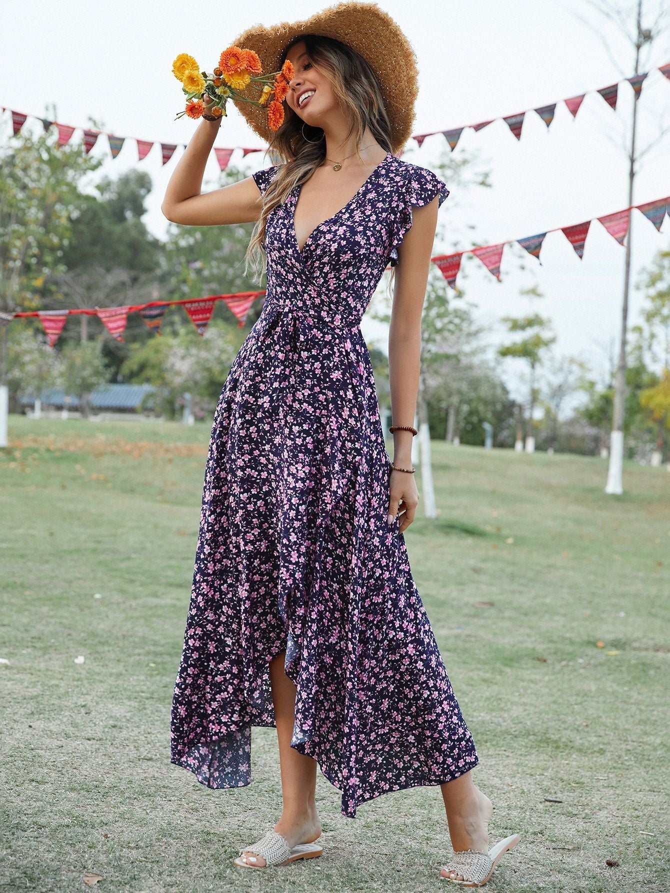 V neck Bohemian Vacation Slim Fit Tied Dress Bella Mia