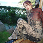 Women Clothing Spring Retro Mesh Personalized Printed Turtleneck Slim Slimming Dress for Women Bella Mia