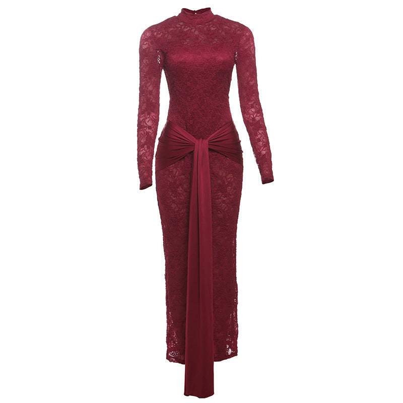 Women Clothing Autumn Lace Sexy See through Hollow Out Cutout Slim round Neck Backless Long Sleeves Dress Women Bella Mia