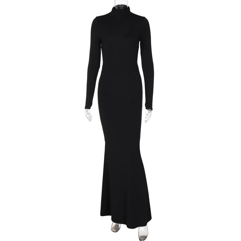Women Autumn Solid Color Half Collar Long Sleeve Sexy Personalized Bare Back Maxi Dress Bella Mia