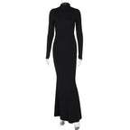 Women Autumn Solid Color Half Collar Long Sleeve Sexy Personalized Bare Back Maxi Dress Bella Mia
