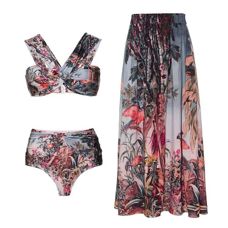 Vacation Beach Dress Swimsuit Women's Retro Printed Spring Bathing Suit Three Piece Suit Bella Mia