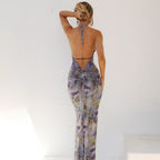 Women Clothing Autumn Printed Sexy Backless Slim Fit Split Lace up Dress Bella Mia