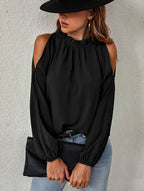 Autumn Winter Women Solid Color Lotus Leaf Round Neck Long Sleeve Pleated Off Shoulder Blouse Bella Mia