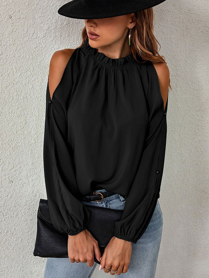 Autumn Winter Women Solid Color Lotus Leaf Round Neck Long Sleeve Pleated Off Shoulder Blouse Bella Mia