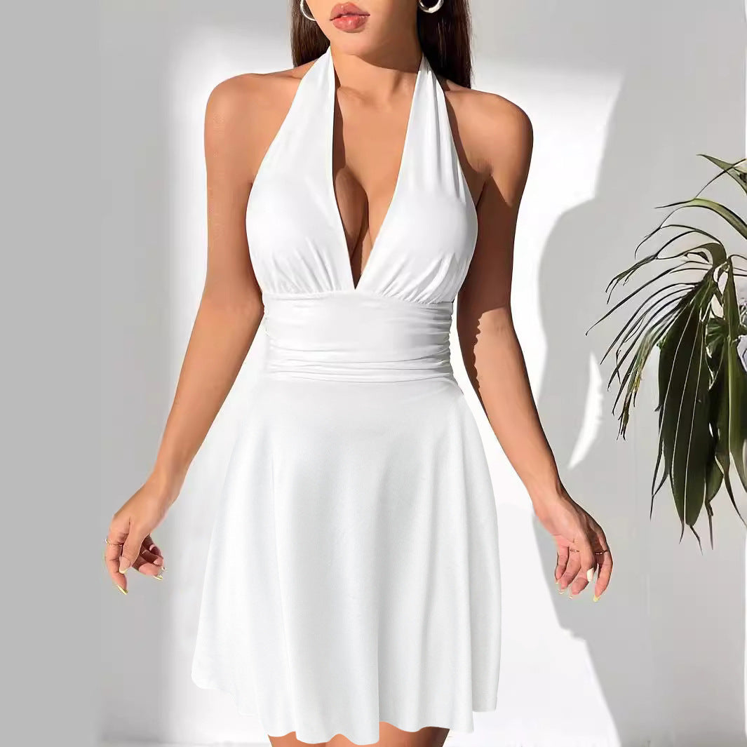 Women Clothing V neck Lace up Tight Pleated Sexy Backless Pleated Tied Dress Bella Mia
