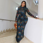 Graceful Personality Women Clothing Printed Sexy Hip Slightly Transparent Turtleneck Long Sleeve Slim Fit Dress Bella Mia