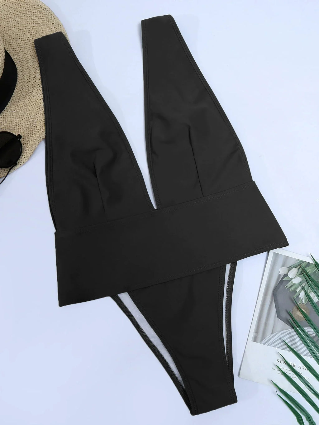 Fashion Ins Fashion and Trendy Style Solid Color Low-Cut Deep V-neck Casual One-Piece Sexy One Piece Swimsuit Women's Swimsuit LUXLIFE BRANDS