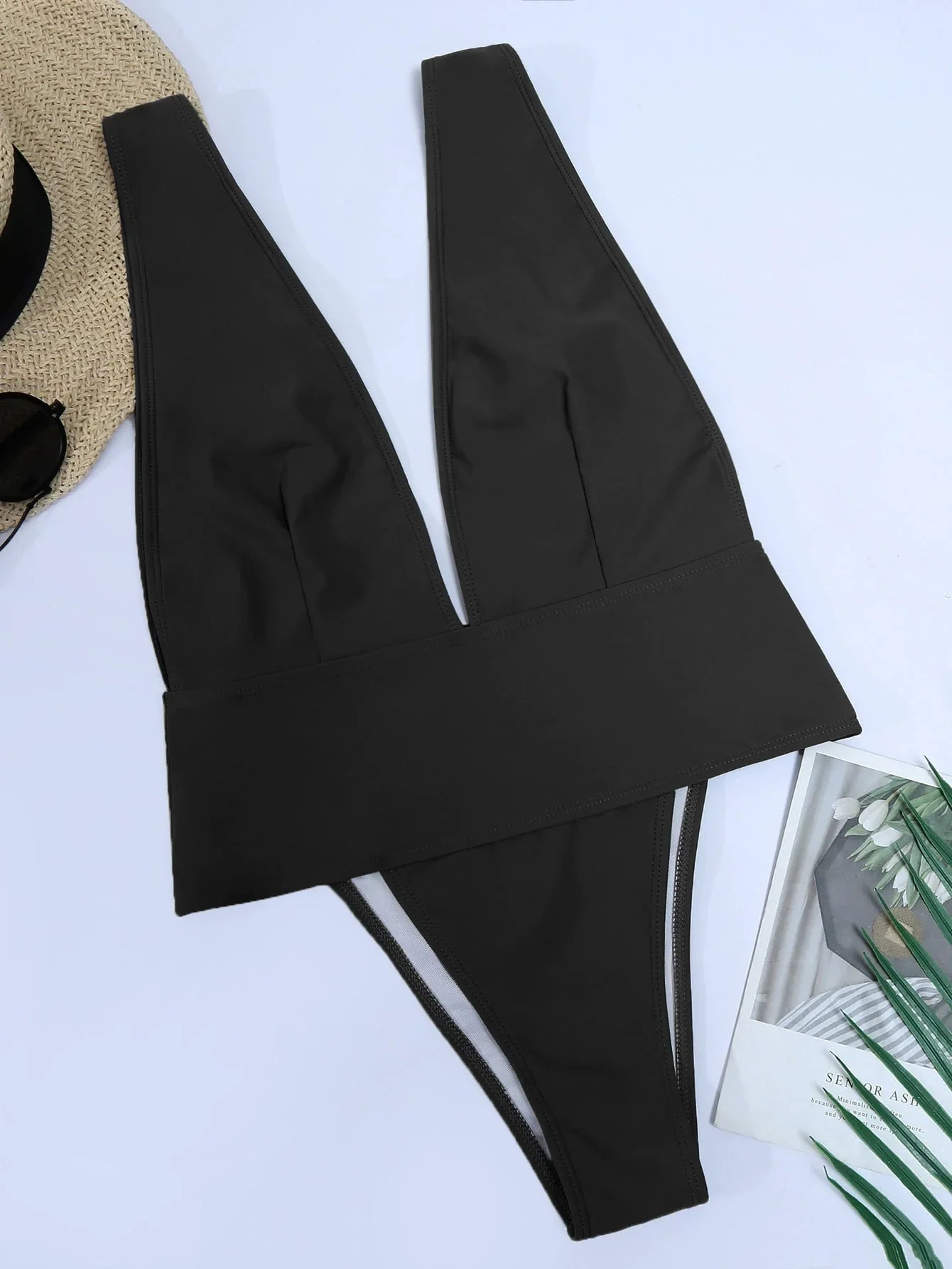 Fashion Ins Fashion and Trendy Style Solid Color Low-Cut Deep V-neck Casual One-Piece Sexy One Piece Swimsuit Women's Swimsuit LUXLIFE BRANDS