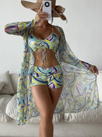 Swimsuit Women Split Three Piece Suit High Waist Long Sleeves Blouse Internet Celebrity Drawstring Suit Bella Mia