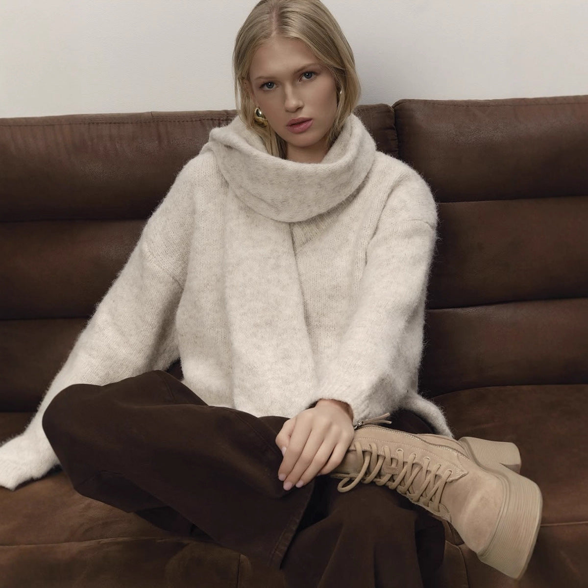 Loose Lazy Soft Wool Sweater Women Autumn Winter Pullover Loose Sweater Scarf Set Bella Mia