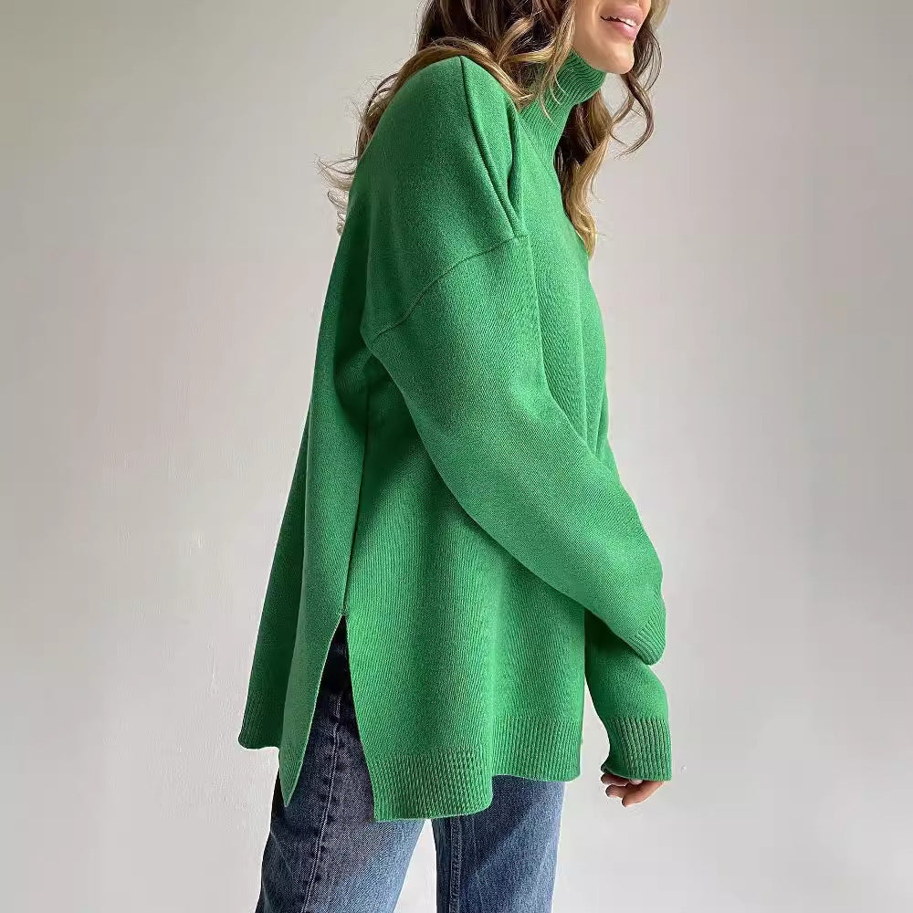 Turtleneck Sweater Women Autumn Winter Casual Sweater Slit Loose Solid Color Knitted Sweater Bella Mia