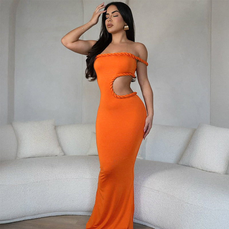 Summer Women Clothing Sexy off Neck Hollow Out Cutout out Cropped Slim Hip Dress Bella Mia