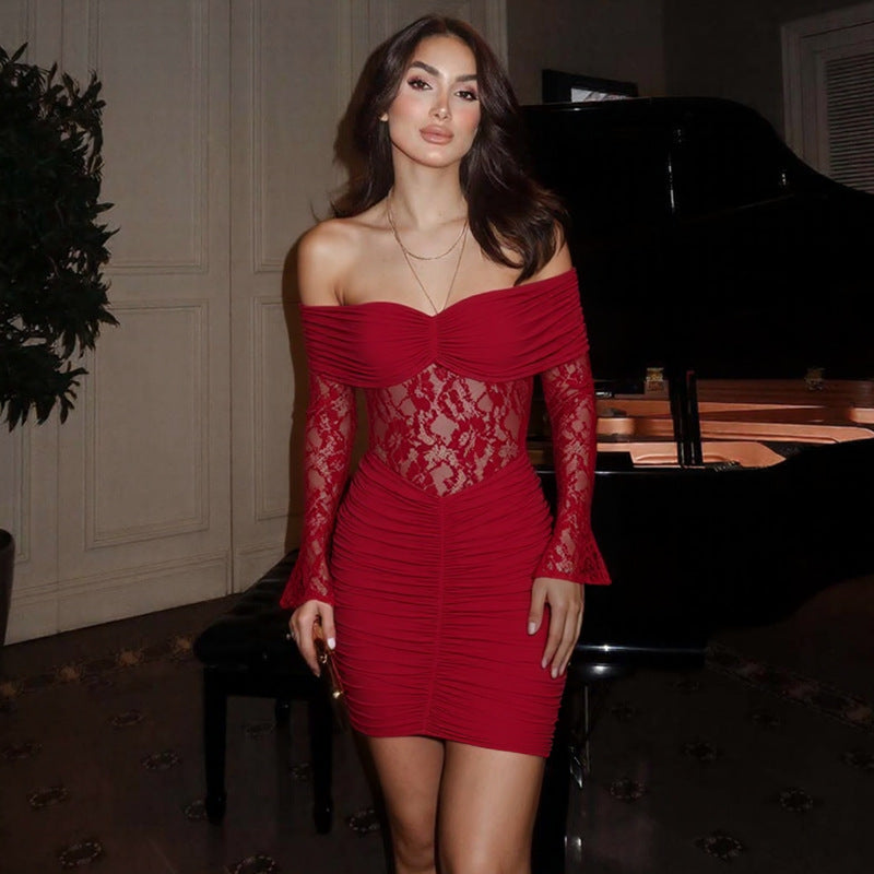 Sexy Tube Top Sleeve Stitching Lace See through Ruffle Hip Short Dress Bella Mia