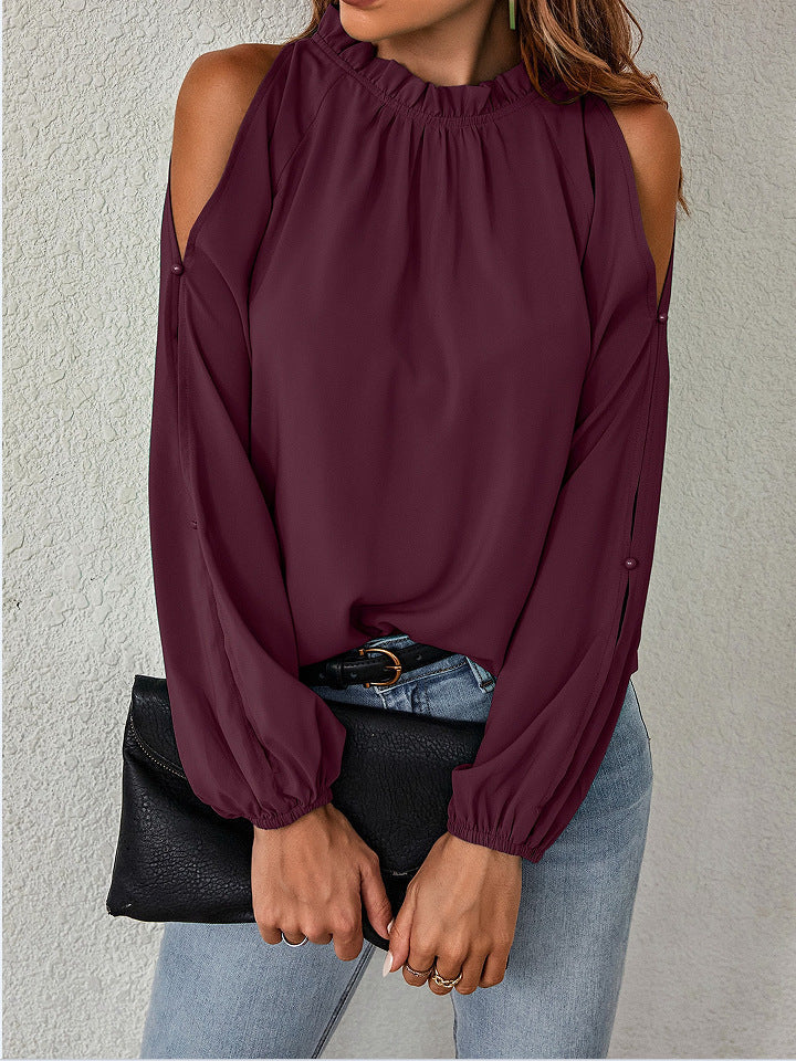 Autumn Winter Women Solid Color Lotus Leaf Round Neck Long Sleeve Pleated Off Shoulder Blouse Bella Mia