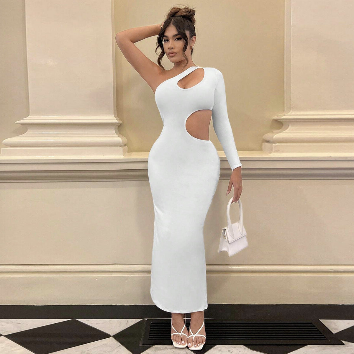 One Shoulder Diagonal Collar Long Sleeve Dress Fall Women Clothing Sexy Cutout Maxi Dress Bella Mia
