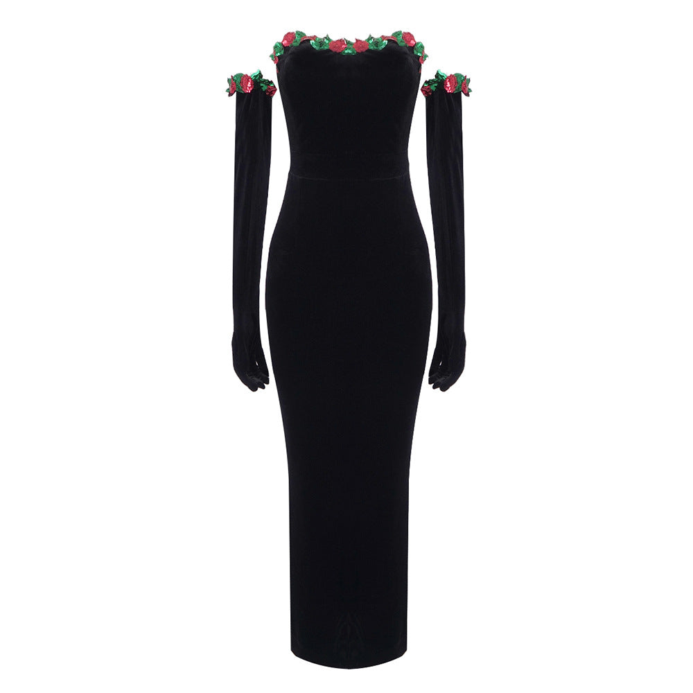 Spring Summer Floral Sequin Lace Decoration Velvet Dress Women Clothing Dress with Gloves Bella Mia