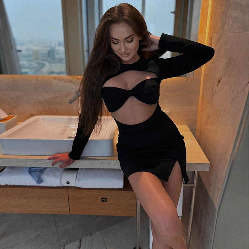 Sexy Women Clothing Tube Top Hollow Out Cutout out Long Sleeve Dress Slim Fit Sheath Women Bella Mia